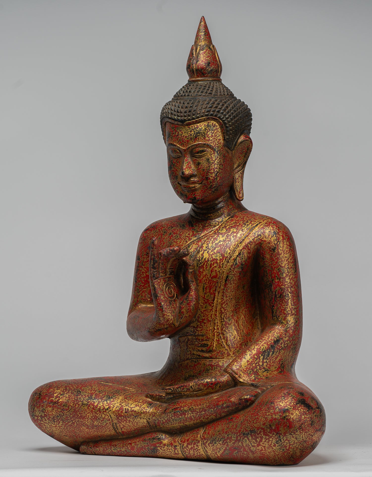 Buddha Statue - Antique Khmer Style Cambodia Seated Wood Buddha Statue Teaching Mudra - 55cm/22"