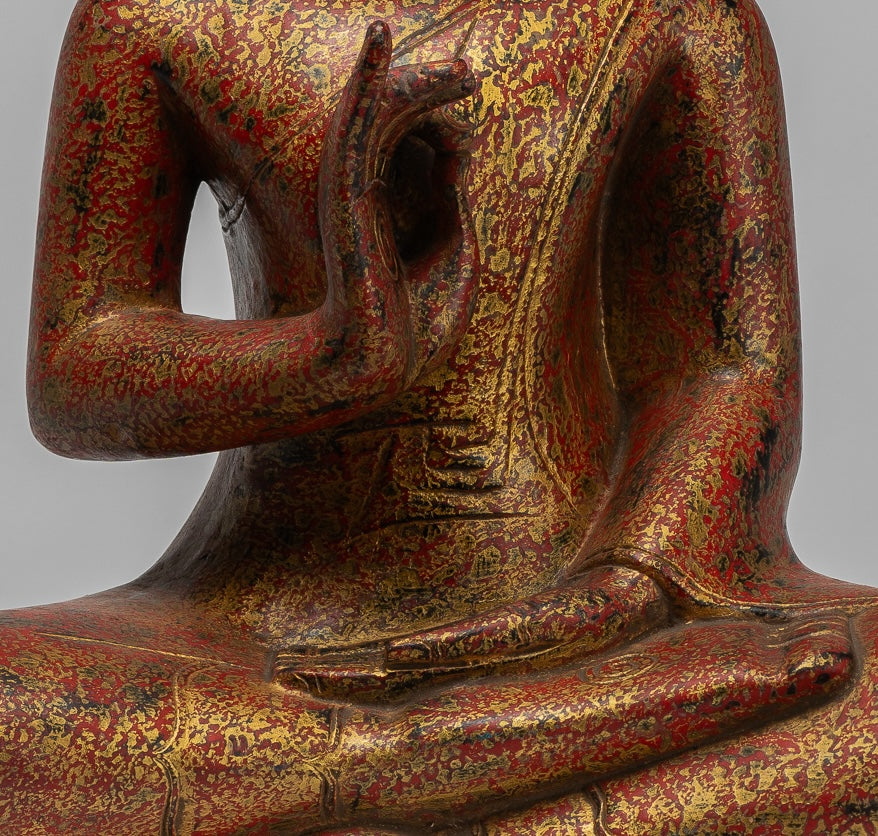 Buddha Statue - Antique Khmer Style Cambodia Seated Wood Buddha Statue Teaching Mudra - 55cm/22"