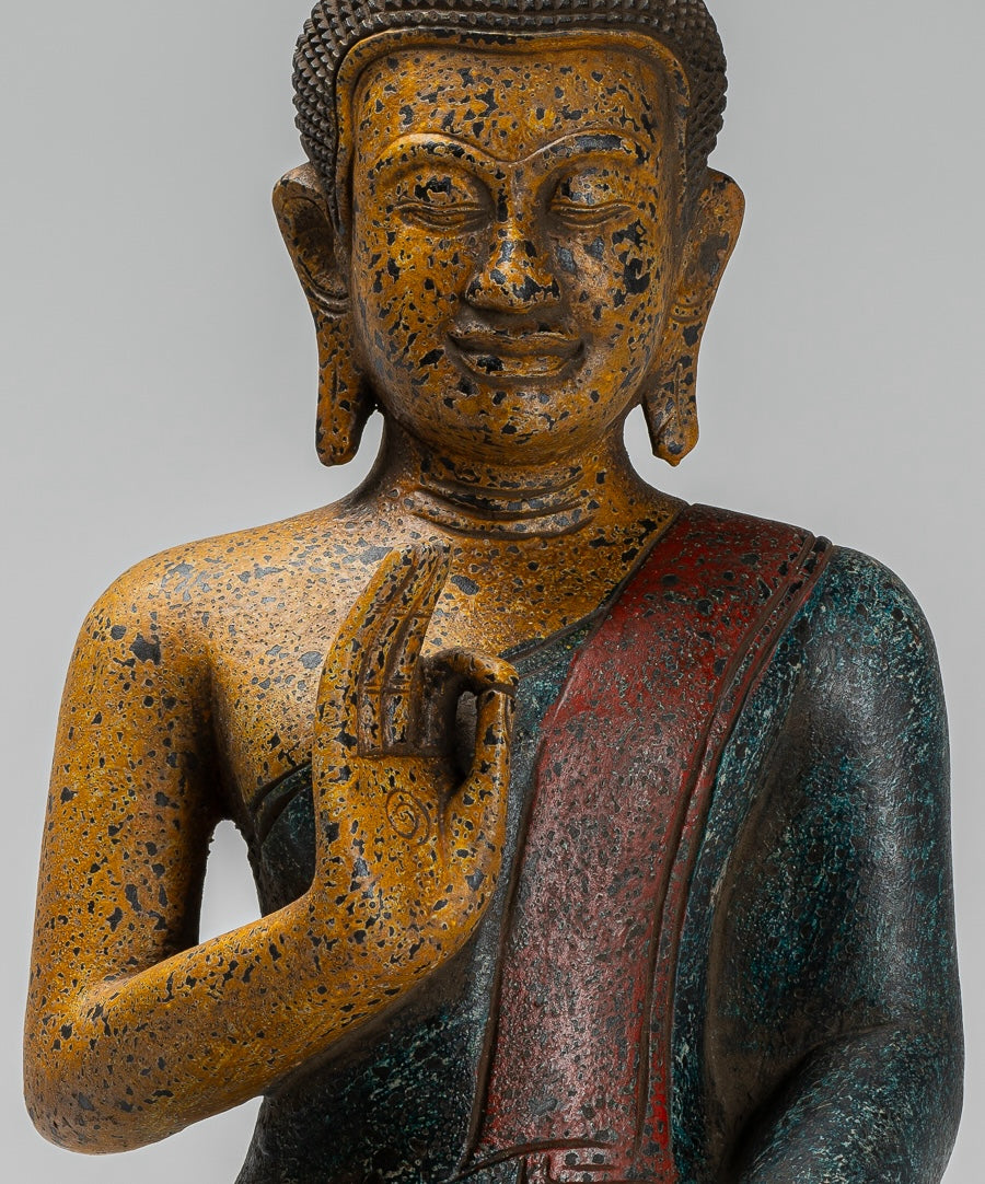 Buddha Statue - Antique Khmer Style Cambodia Seated Wood Buddha Statue Teaching Mudra - 44cm/18"