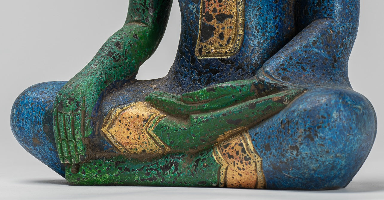 Statue Buddha - Antique Khmer Style SE Asia seduto l'Illuminismo in legno Statua Buddha - 27 cm/11 "