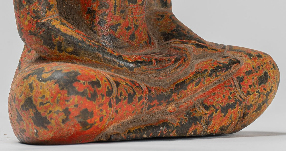 Buddha Sculpture - Antique Khmer Style Wood Seated Buddha Statue Dhyana Meditation Mudra - 21cm/8"