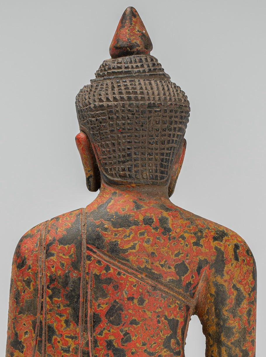 Buddha Sculpture - Antique Khmer Style Wood Seated Buddha Statue Dhyana Meditation Mudra - 21cm/8"