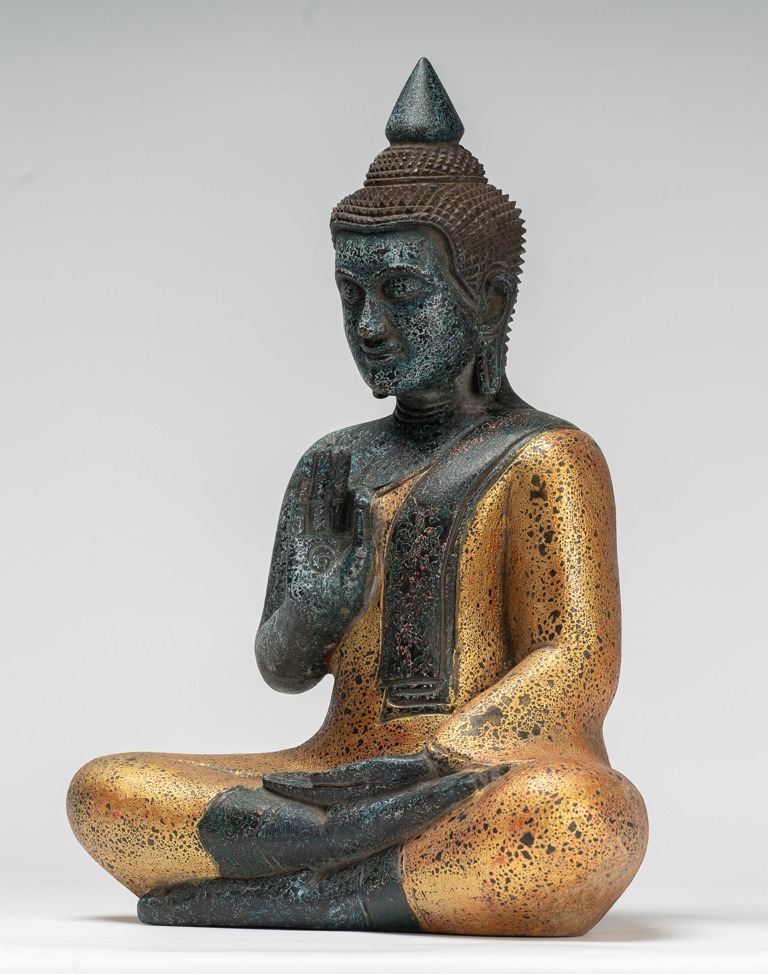 Buddha Statue - Antique Khmer Style Cambodia Seated Wood Buddha Statue Teaching Mudra - 39cm/16"