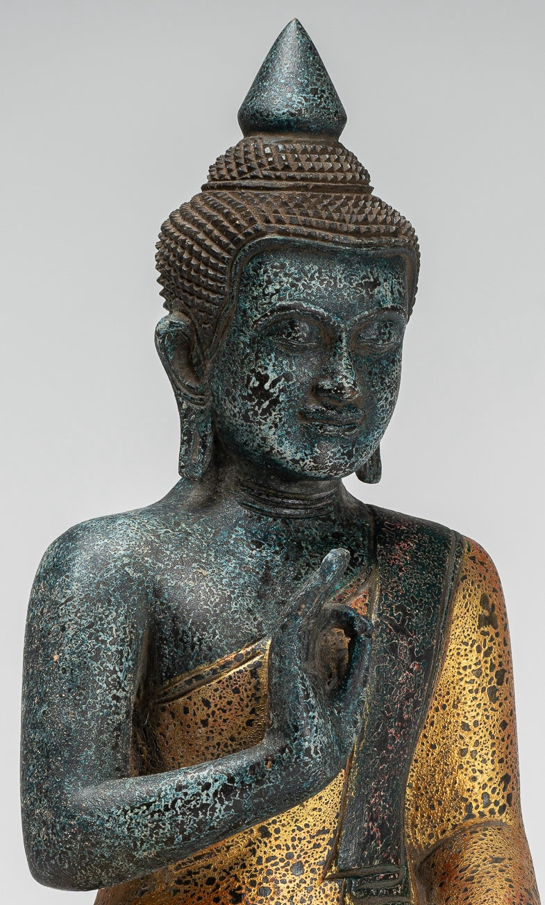 Buddha Statue - Antique Khmer Style Cambodia Seated Wood Buddha Statue Teaching Mudra - 39cm/16"