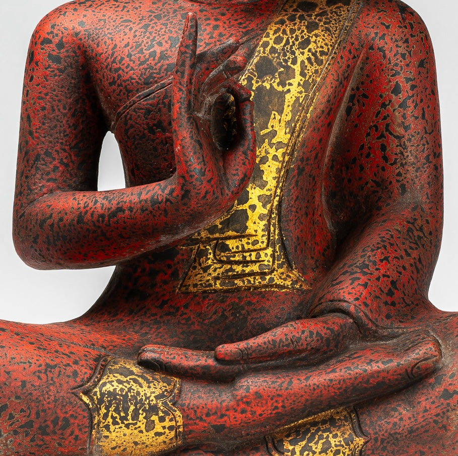 Buddha Statue - Antique Khmer Style Cambodia Seated Wood Buddha Statue Teaching Mudra - 70cm/28"