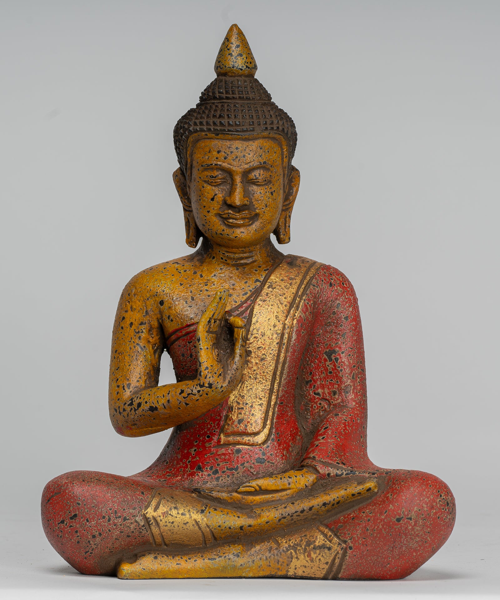 Buddha Statue - Antique Khmer Style Cambodia Seated Wood Buddha Statue Teaching Mudra - 26cm/10"