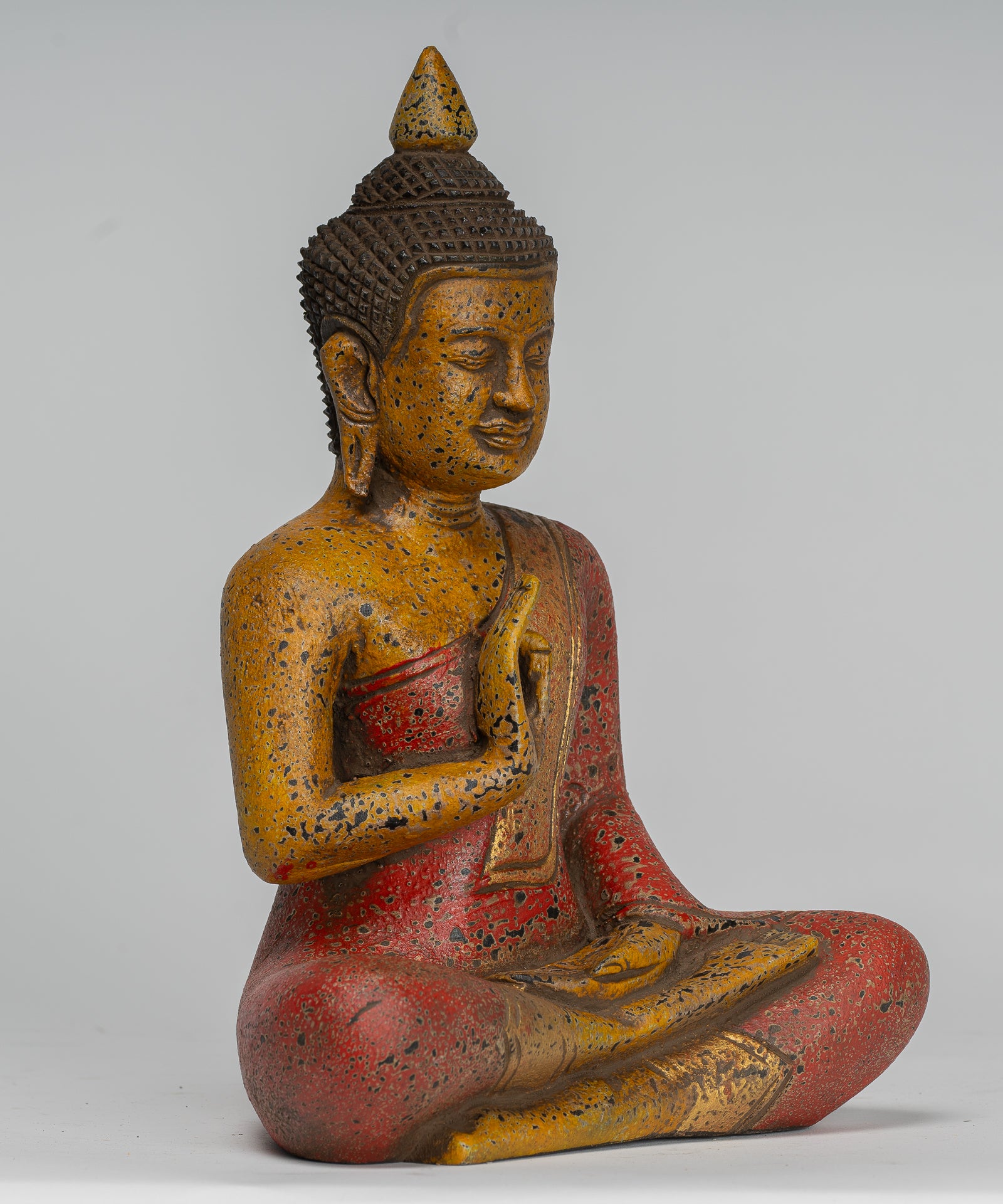 Buddha Statue - Antique Khmer Style Cambodia Seated Wood Buddha Statue Teaching Mudra - 26cm/10"