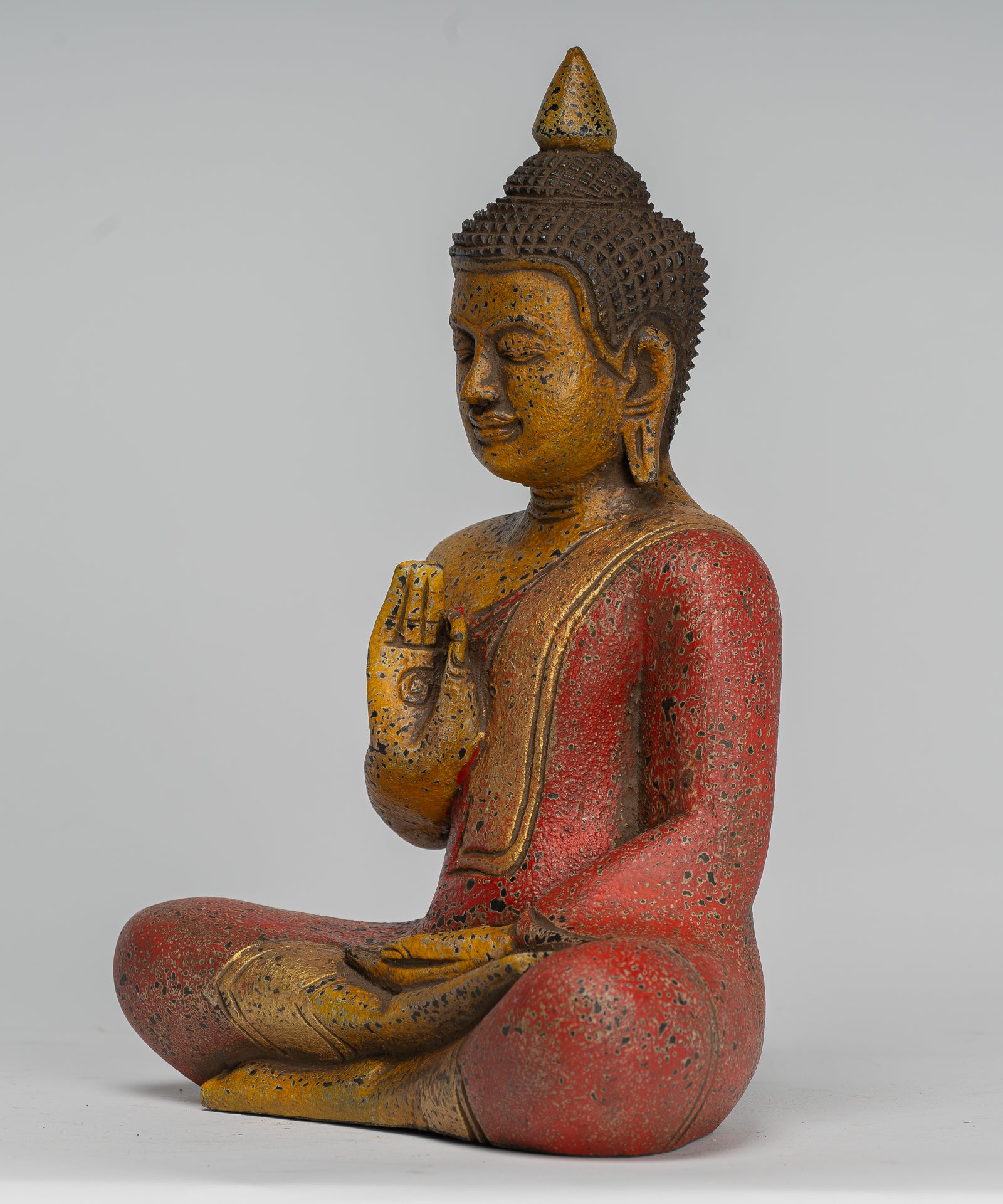 Buddha Statue - Antique Khmer Style Cambodia Seated Wood Buddha Statue Teaching Mudra - 26cm/10"