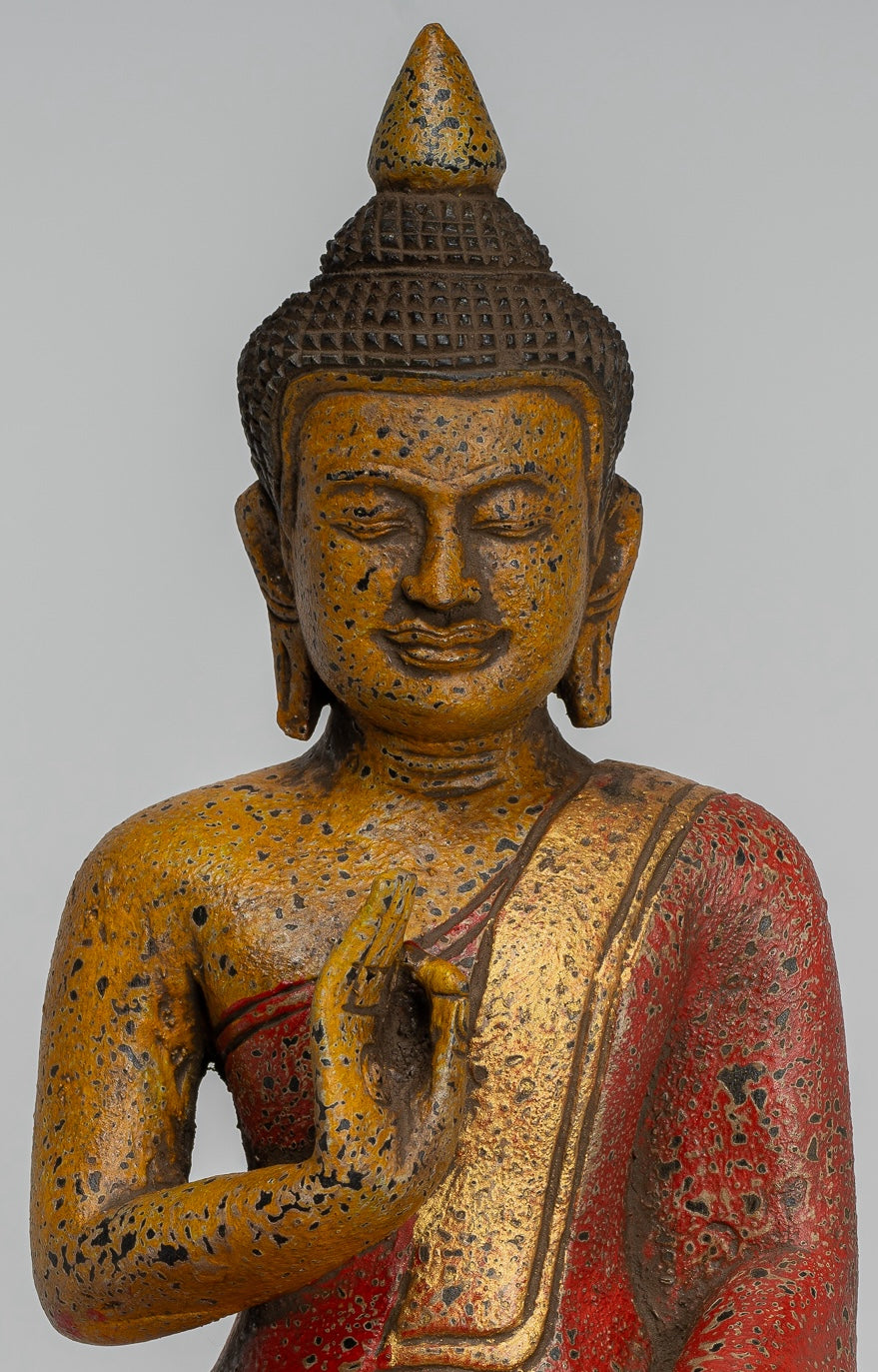 Buddha Statue - Antique Khmer Style Cambodia Seated Wood Buddha Statue Teaching Mudra - 26cm/10"