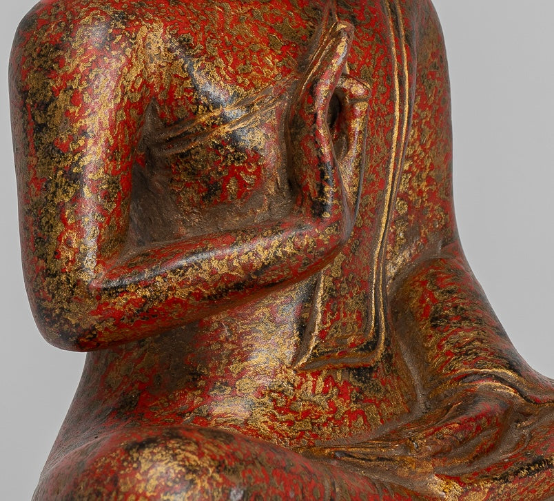 Buddha Statue - Antique Khmer Style Cambodia Seated Wood Buddha Statue Teaching Mudra - 27cm/11"