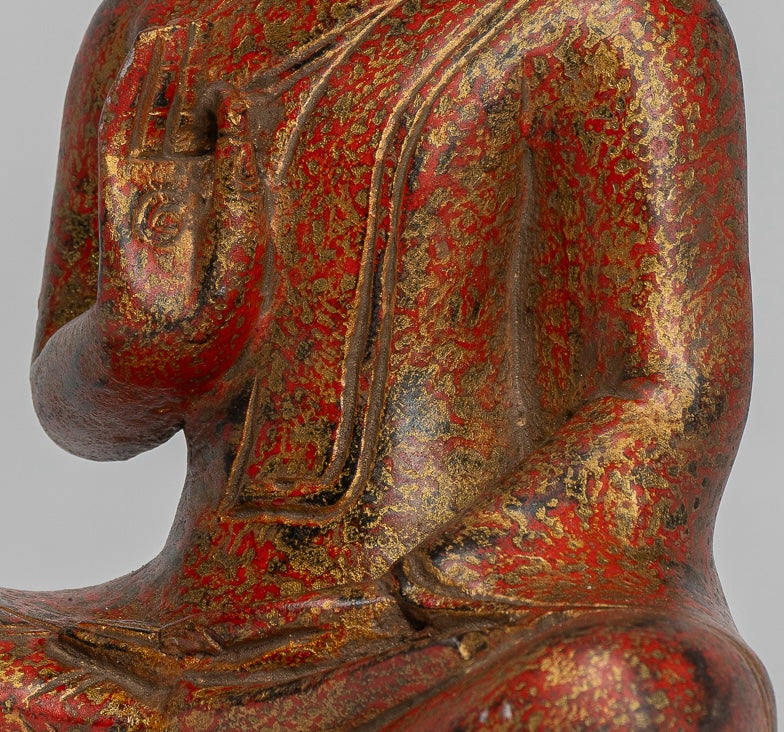 Buddha Statue - Antique Khmer Style Cambodia Seated Wood Buddha Statue Teaching Mudra - 27cm/11"