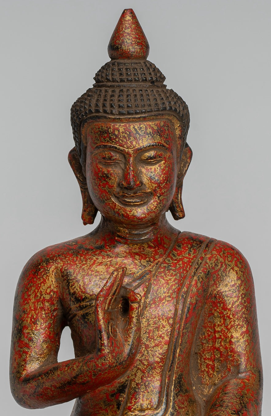 Buddha Statue - Antique Khmer Style Cambodia Seated Wood Buddha Statue Teaching Mudra - 27cm/11"