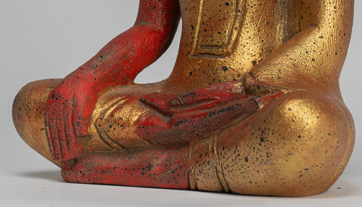 Buddha Statue - Antique Khmer Style SE Asia Seated Wood Enlightenment Buddha Statue - 27cm/11"