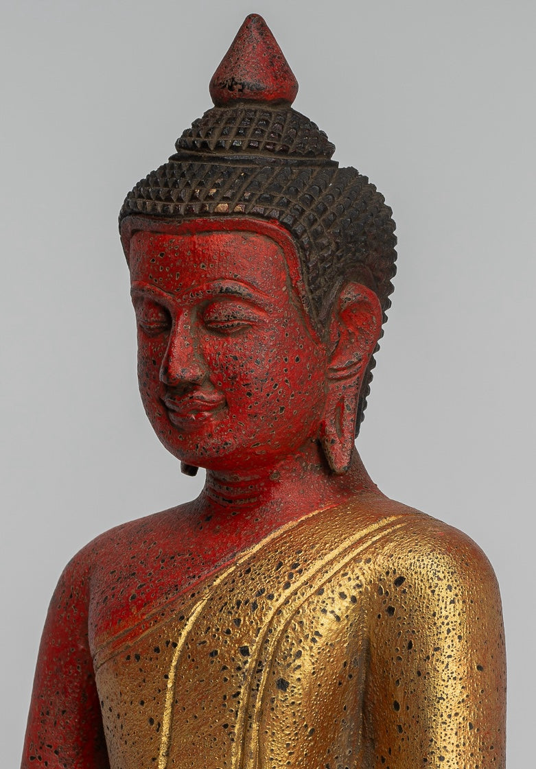 Buddha Statue - Antique Khmer Style SE Asia Seated Wood Enlightenment Buddha Statue - 27cm/11"