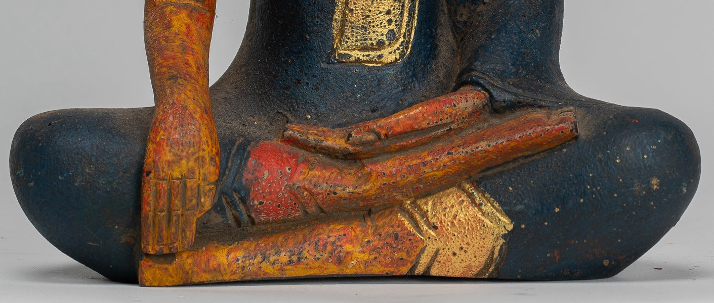 Buddha Statue - Antique Khmer Style SE Asia Seated Wood Enlightenment Buddha Statue - 27cm/11"