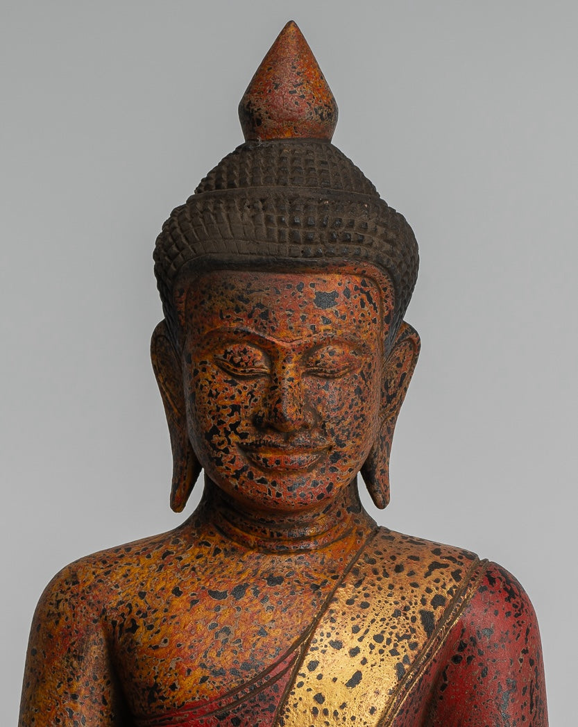 Buddha Statue - Antique Khmer Style SE Asia Seated Wood Enlightenment Buddha Statue - 46cm/18"