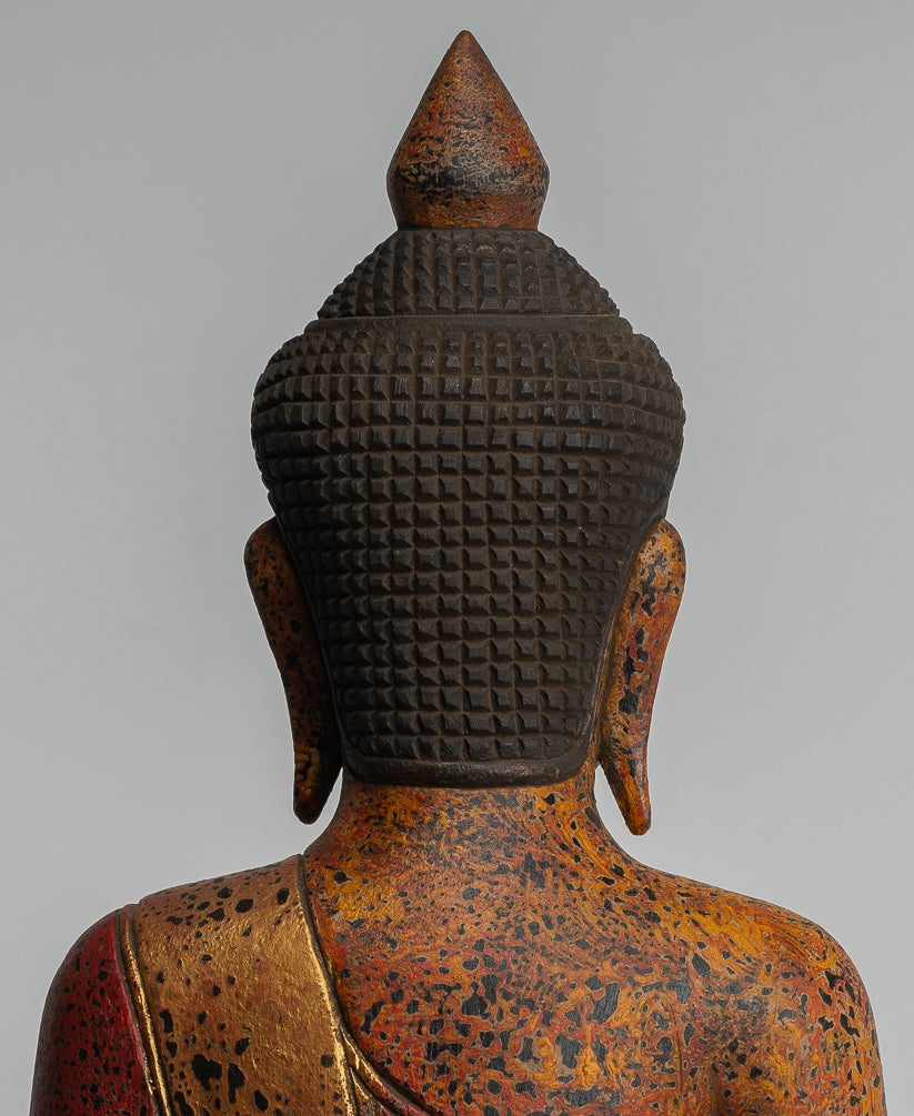 Buddha Statue - Antique Khmer Style SE Asia Seated Wood Enlightenment Buddha Statue - 46cm/18"