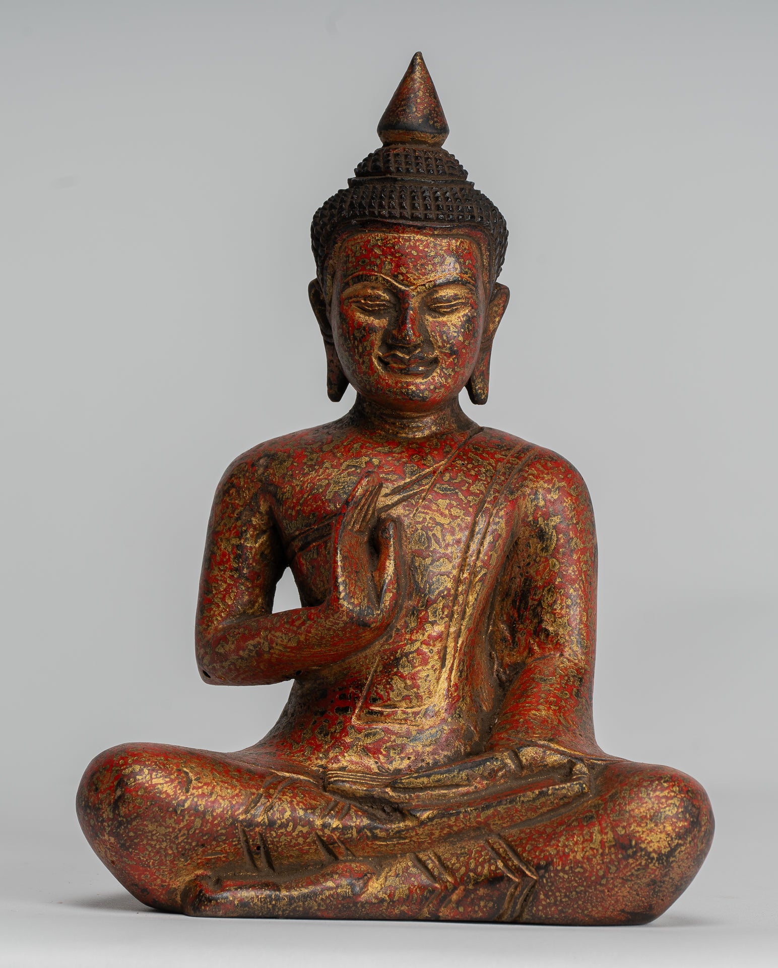 Buddha Sculpture - Buddha - Antique Khmer Style Seated Wood Buddha Statue Teaching Mudra - 20cm/8"