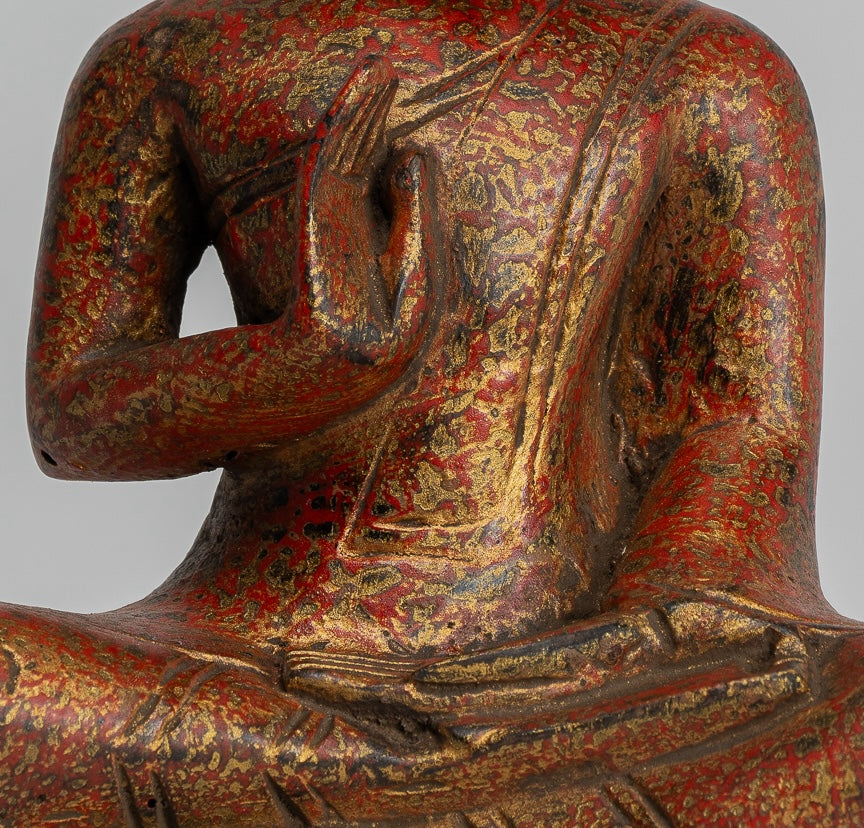 Buddha Sculpture - Buddha - Antique Khmer Style Seated Wood Buddha Statue Teaching Mudra - 20cm/8"