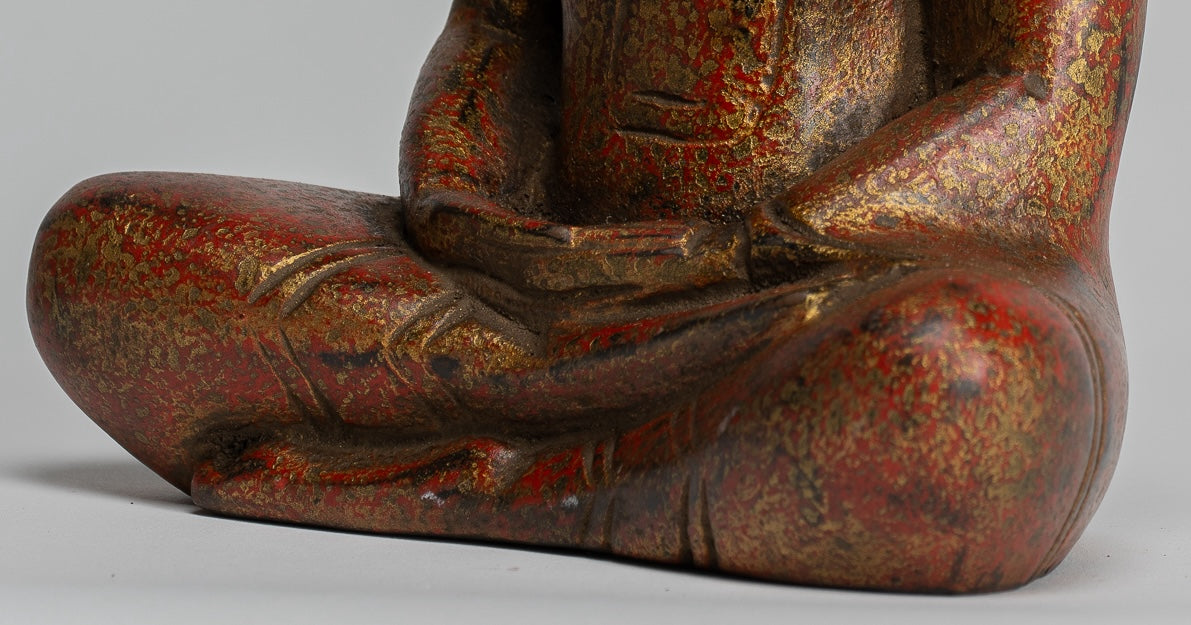 Buddha Sculpture - Antique Khmer Style Wood Seated Buddha Statue Dhyana Meditation Mudra - 20cm/8"