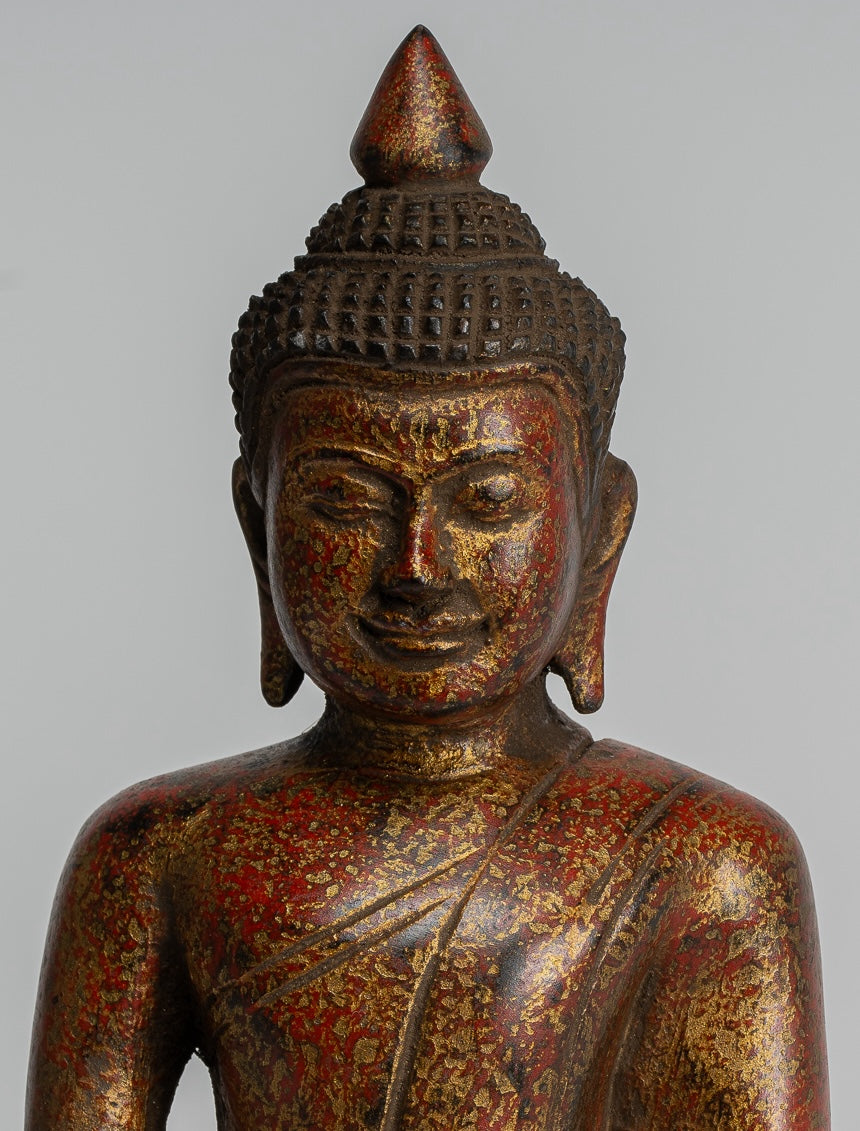 Buddha Sculpture - Antique Khmer Style Wood Seated Buddha Statue Dhyana Meditation Mudra - 20cm/8"