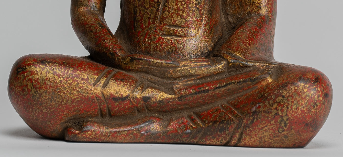 Buddha Sculpture - Antique Khmer Style Wood Seated Buddha Statue Dhyana Meditation Mudra - 20cm/8"