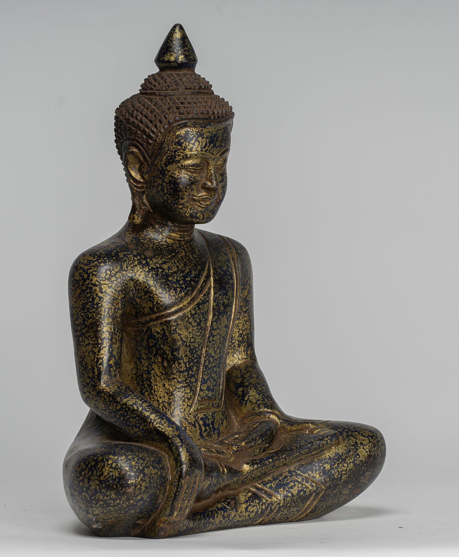 Buddha Statue - Antique Khmer Style SE Asia Seated Wood Enlightenment Buddha Statue - 27cm/11"