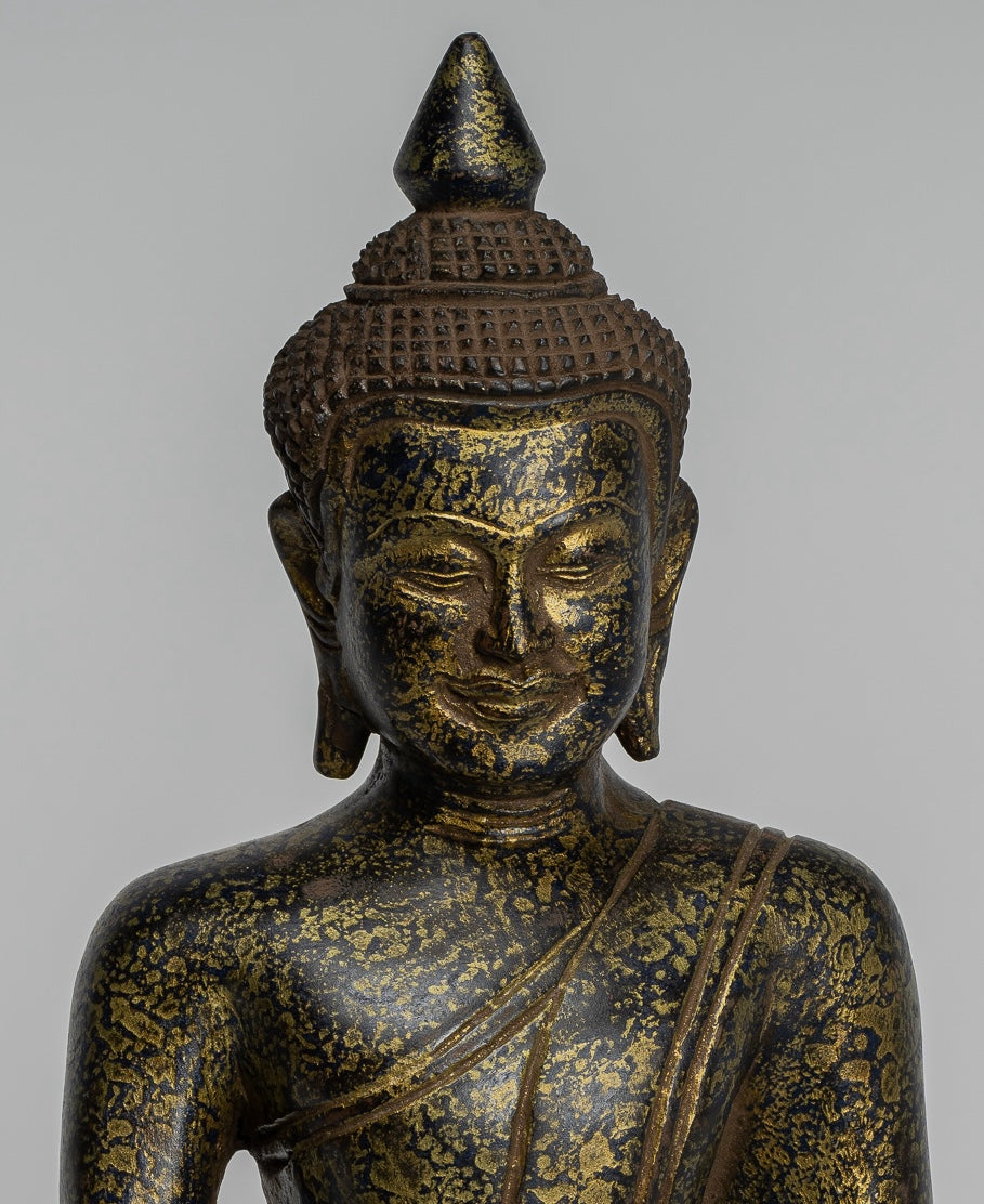 Buddha Statue - Antique Khmer Style SE Asia Seated Wood Enlightenment Buddha Statue - 27cm/11"