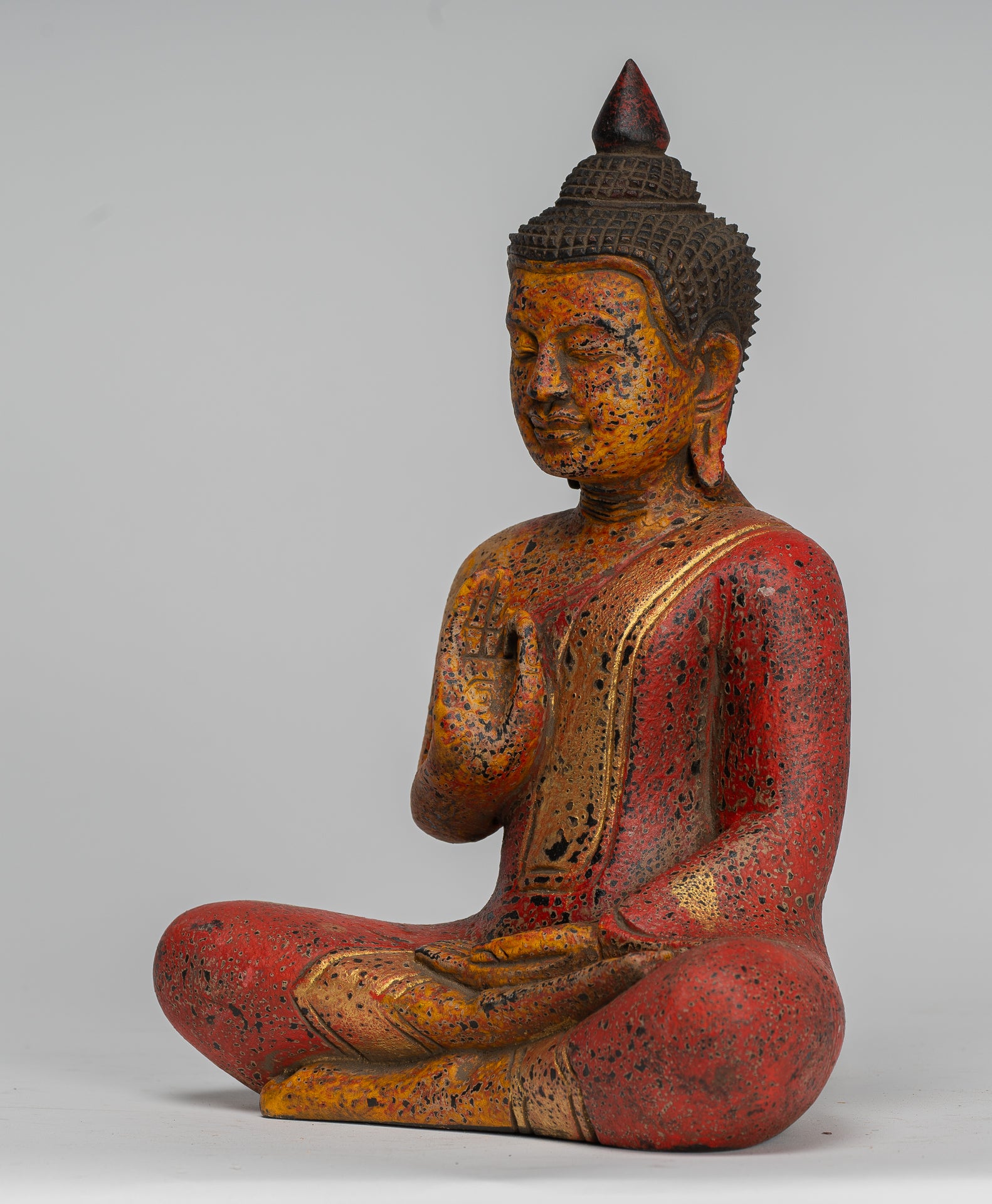 Buddha Statue - Antique Khmer Style Cambodia Seated Wood Buddha Statue Teaching Mudra - 27cm/11"