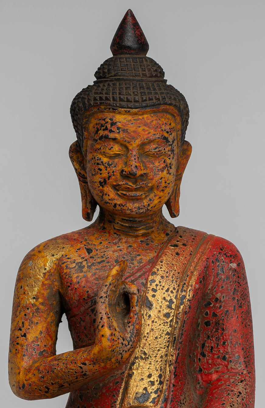 Buddha Statue - Antique Khmer Style Cambodia Seated Wood Buddha Statue Teaching Mudra - 27cm/11"