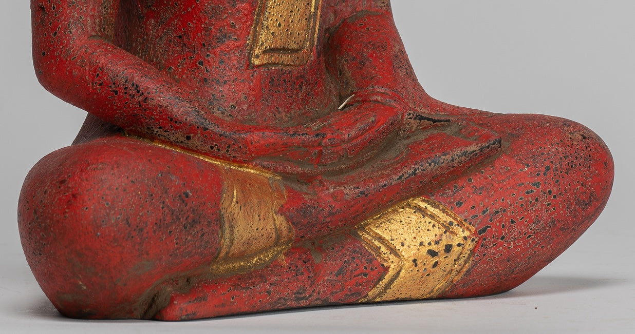 Buddha Sculpture - Antique Khmer Style Wood Seated Buddha Statue Dhyana Meditation Mudra - 27cm/11"