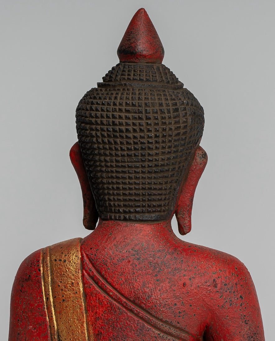 Buddha Sculpture - Antique Khmer Style Wood Seated Buddha Statue Dhyana Meditation Mudra - 27cm/11"