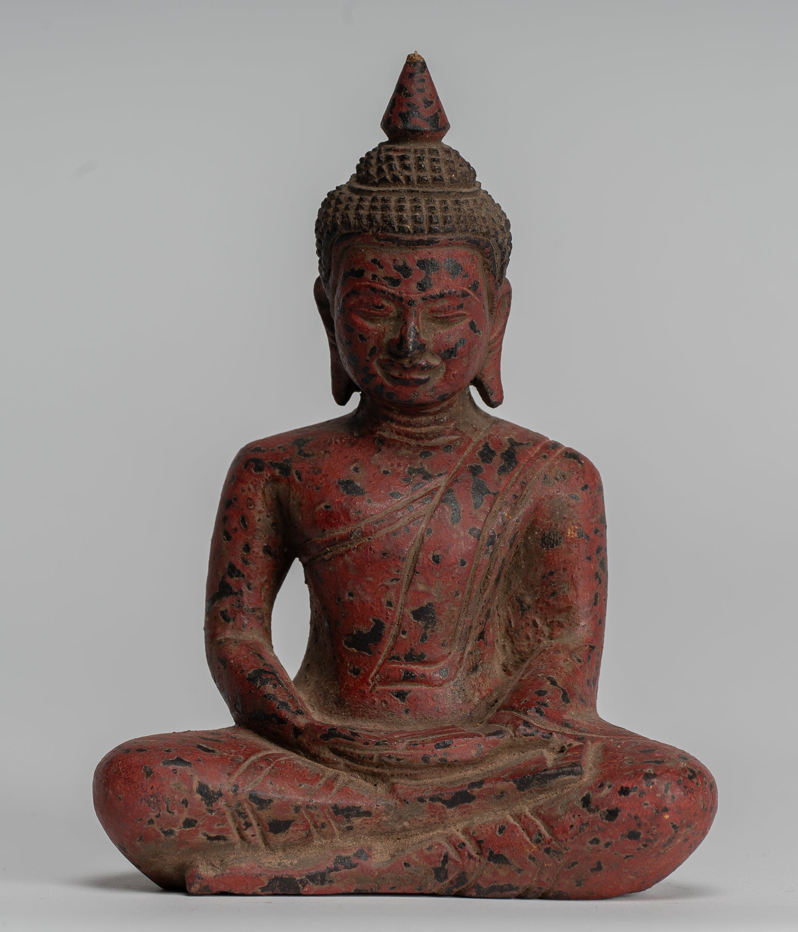 Buddha Sculpture - Antique Khmer Style Wood Seated Buddha Statue Dhyana Meditation Mudra - 17cm/7"