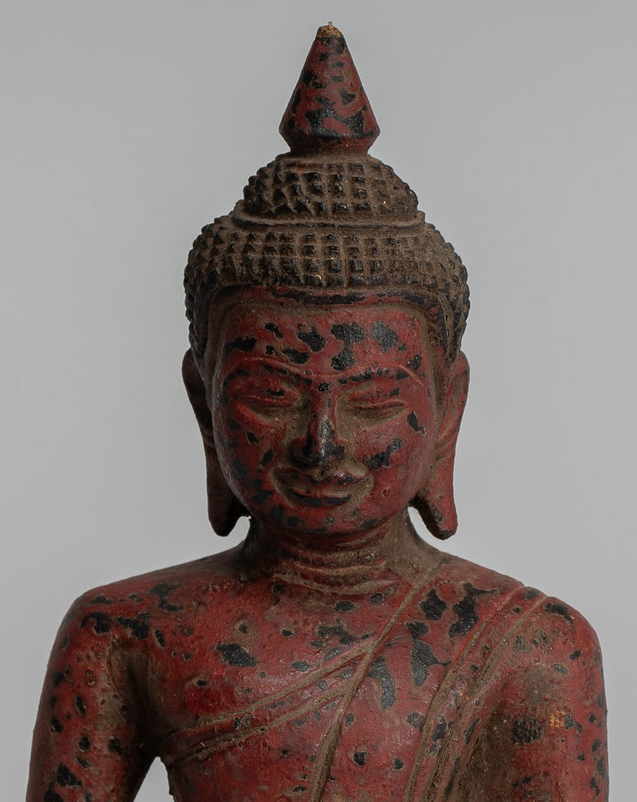 Buddha Sculpture - Antique Khmer Style Wood Seated Buddha Statue Dhyana Meditation Mudra - 17cm/7"