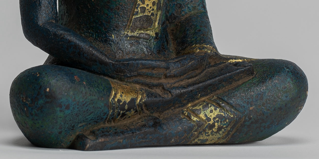 Buddha Sculpture - Antique Khmer Style Wood Seated Buddha Statue Dhyana Meditation Mudra - 20cm/8"