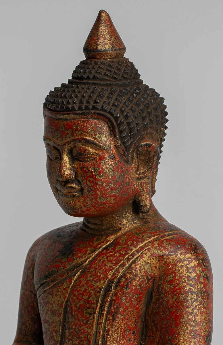 Buddha Sculpture - Antique Khmer Style Wood Seated Buddha Statue Dhyana Meditation Mudra - 21cm/8"