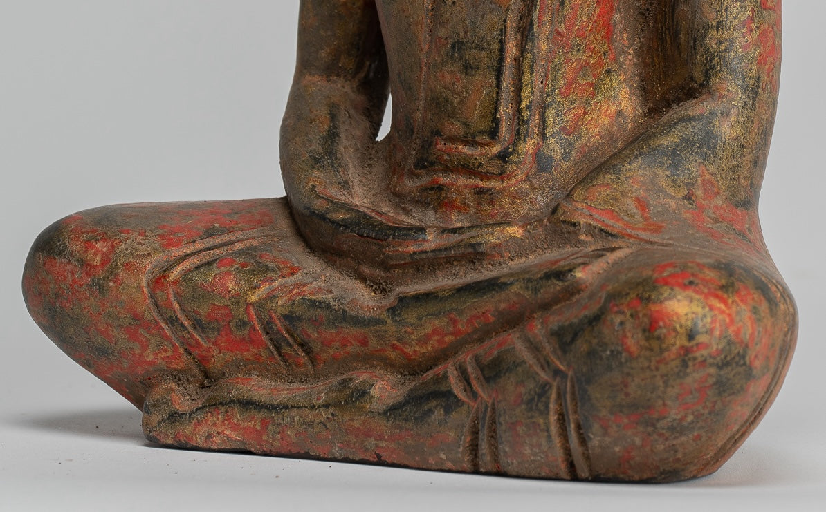 Buddha Sculpture - Antique Khmer Style Wood Seated Buddha Statue Dhyana Meditation Mudra - 20cm/8"