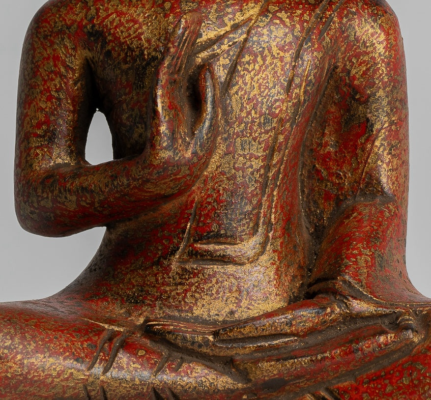 Buddha Statue - Antique Khmer Style Cambodia Seated Wood Buddha Statue Teaching Mudra - 21cm/8"