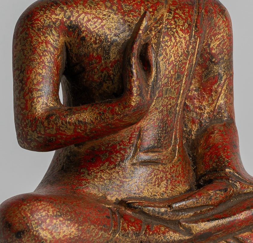 Buddha Statue - Antique Khmer Style Cambodia Seated Wood Buddha Statue Teaching Mudra - 21cm/8"