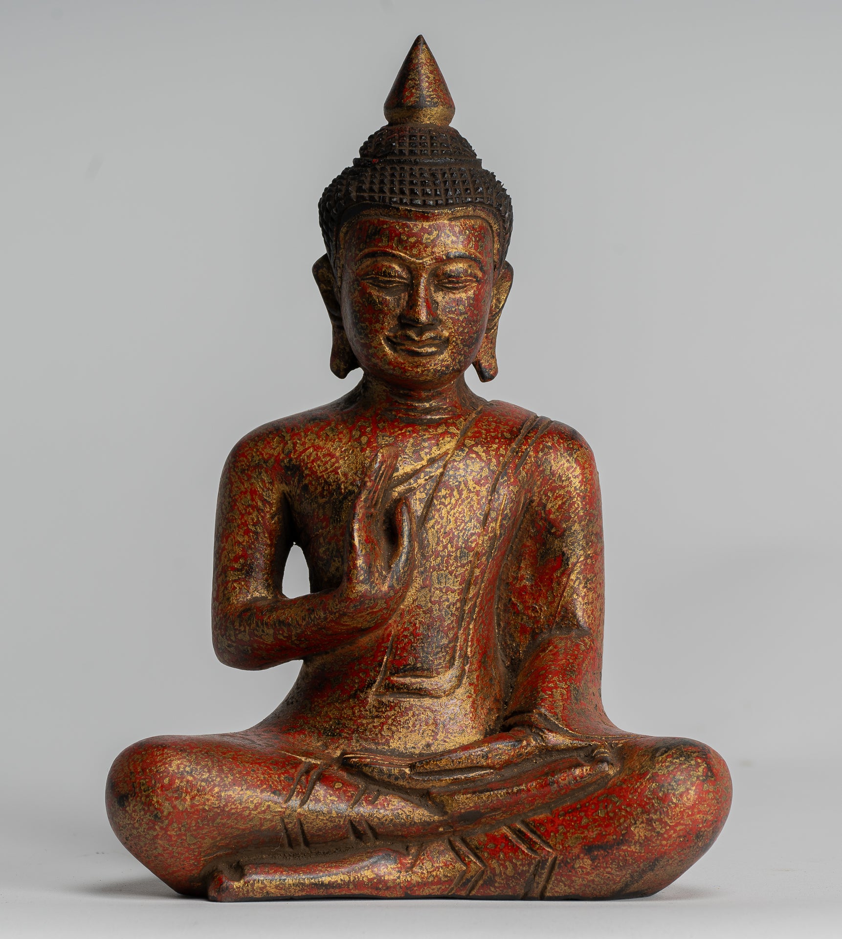 Buddha Statue - Antique Khmer Style Cambodia Seated Wood Buddha Statue Teaching Mudra - 21cm/8"