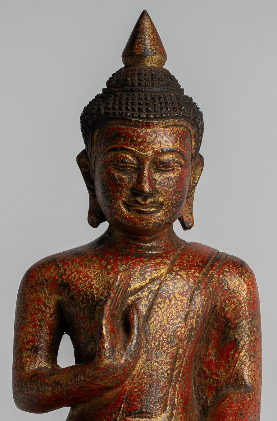 Buddha Statue - Antique Khmer Style Cambodia Seated Wood Buddha Statue Teaching Mudra - 21cm/8"