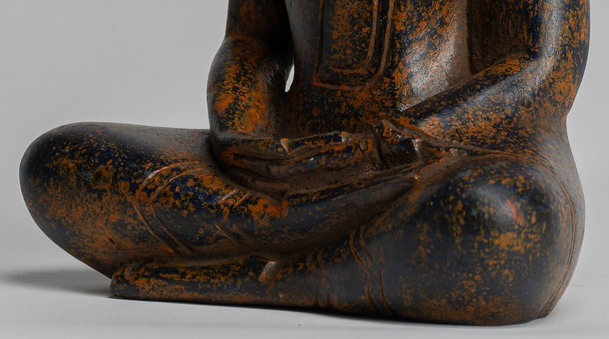 Buddha Sculpture - Antique Khmer Style Wood Seated Buddha Statue Dhyana Meditation Mudra - 20cm/8"