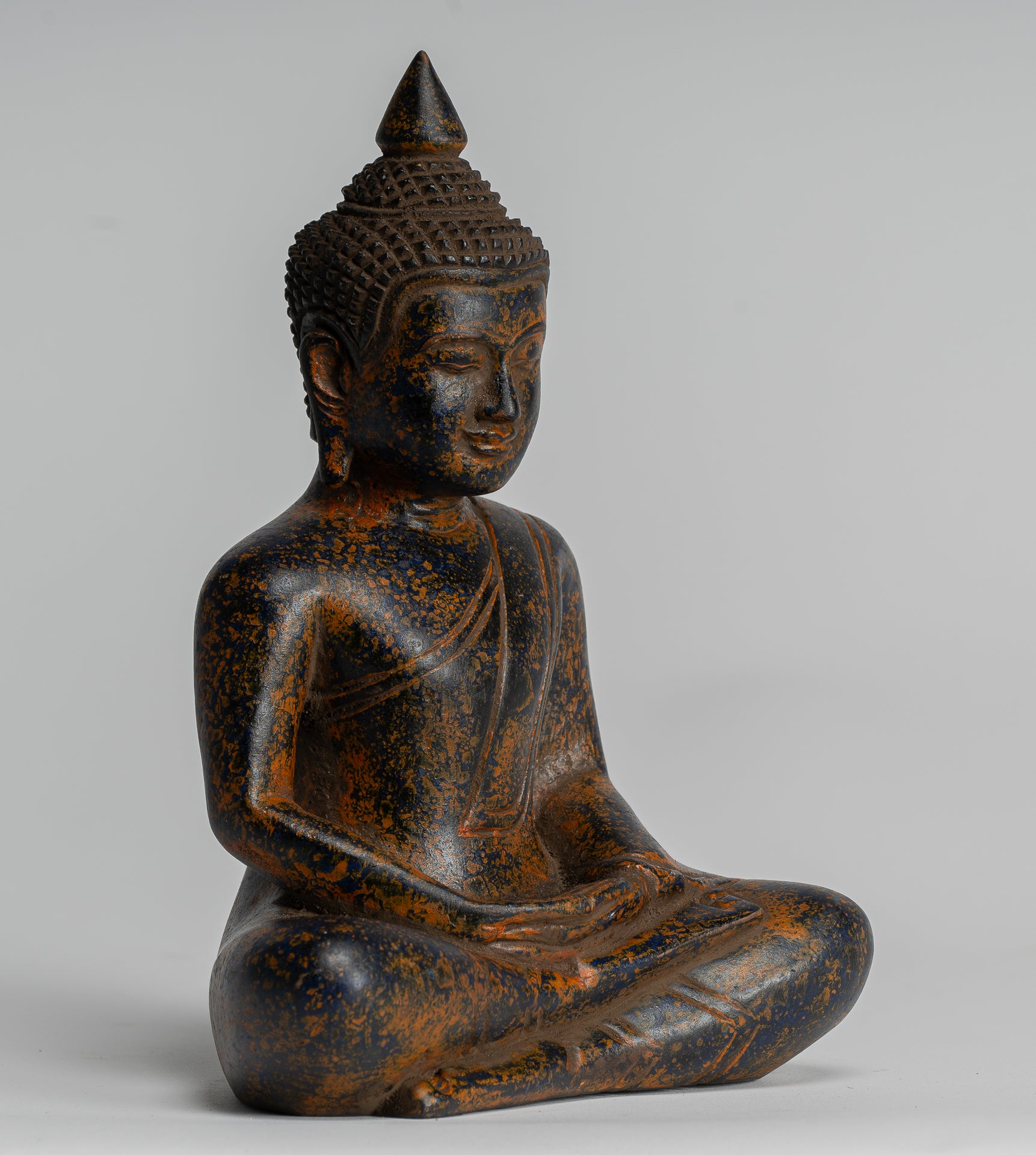 Buddha Sculpture - Antique Khmer Style Wood Seated Buddha Statue Dhyana Meditation Mudra - 20cm/8"