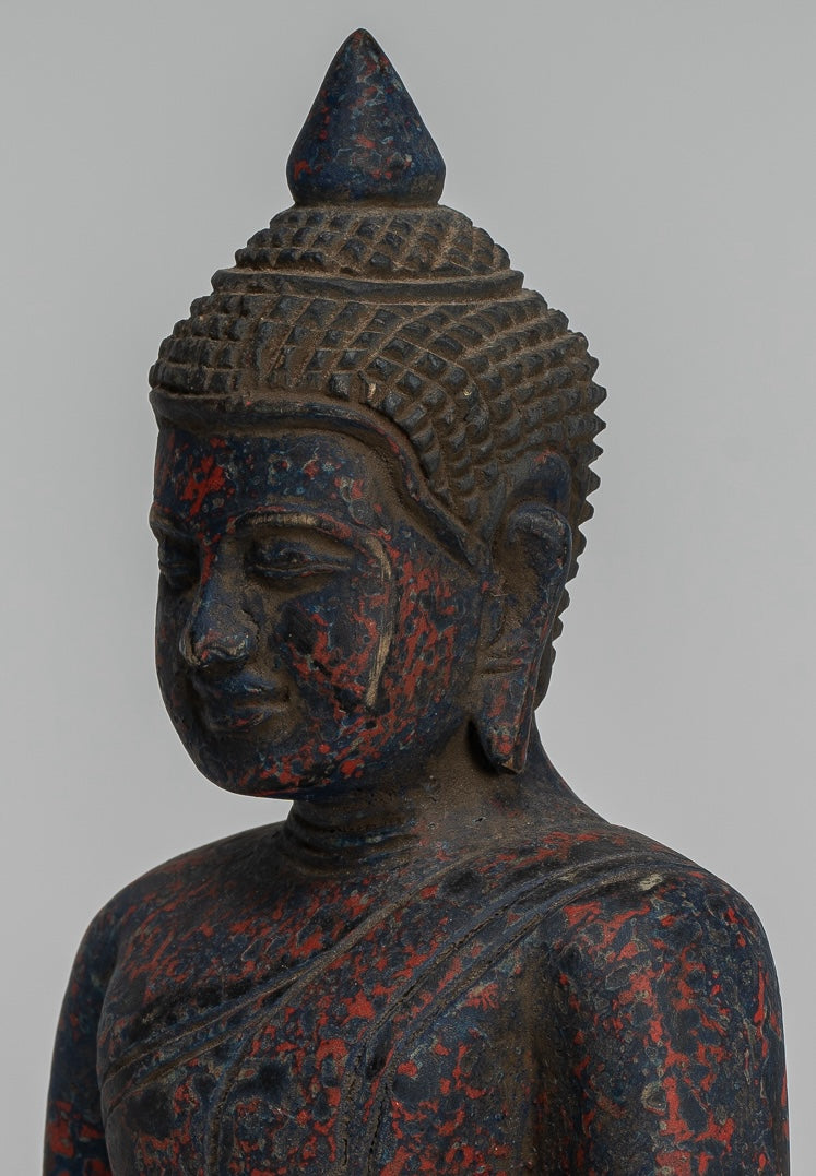 Buddha Sculpture - Antique Khmer Style Wood Seated Buddha Statue Dhyana Meditation Mudra - 20cm/8"