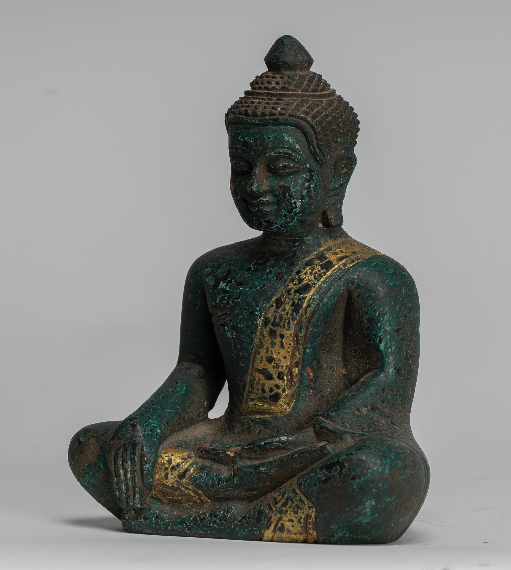 Buddha Statue - Antique Khmer Style SE Asia Seated Wood Enlightenment Buddha Statue - 20cm/8"