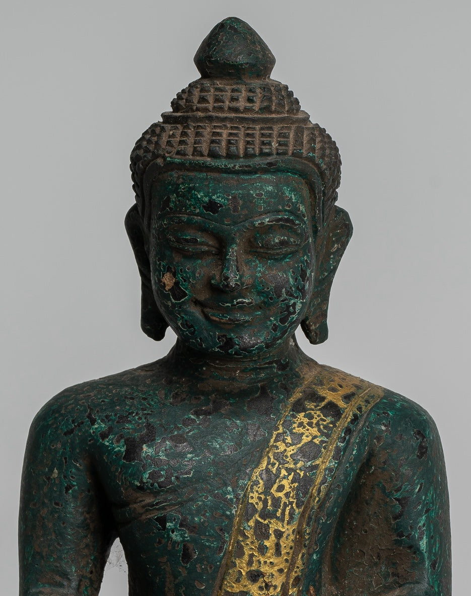 Buddha Statue - Antique Khmer Style SE Asia Seated Wood Enlightenment Buddha Statue - 20cm/8"