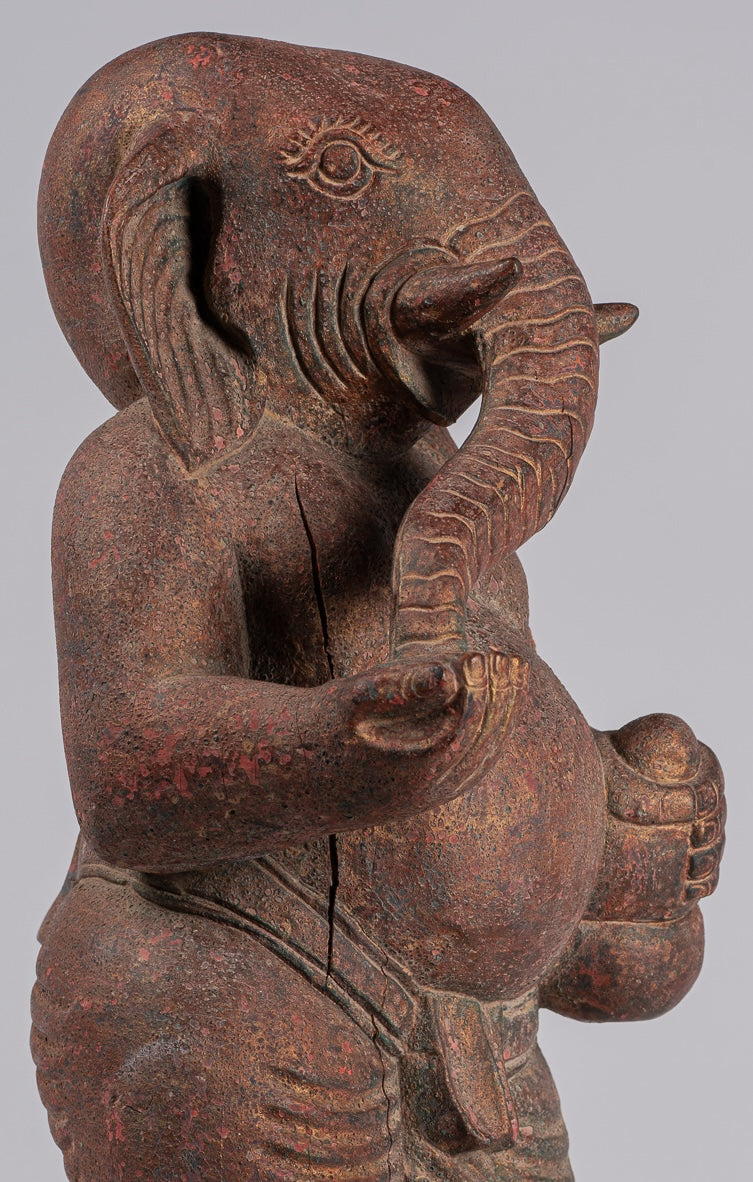 Elephant - Antique Khmer Style Standing Wood Elephant Statue - 53cm/21" Tall