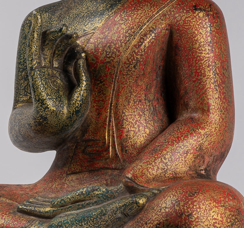 Buddha Statue - Antique Khmer Style Cambodia Seated Wood Buddha Statue Teaching Mudra - 71cm/28"
