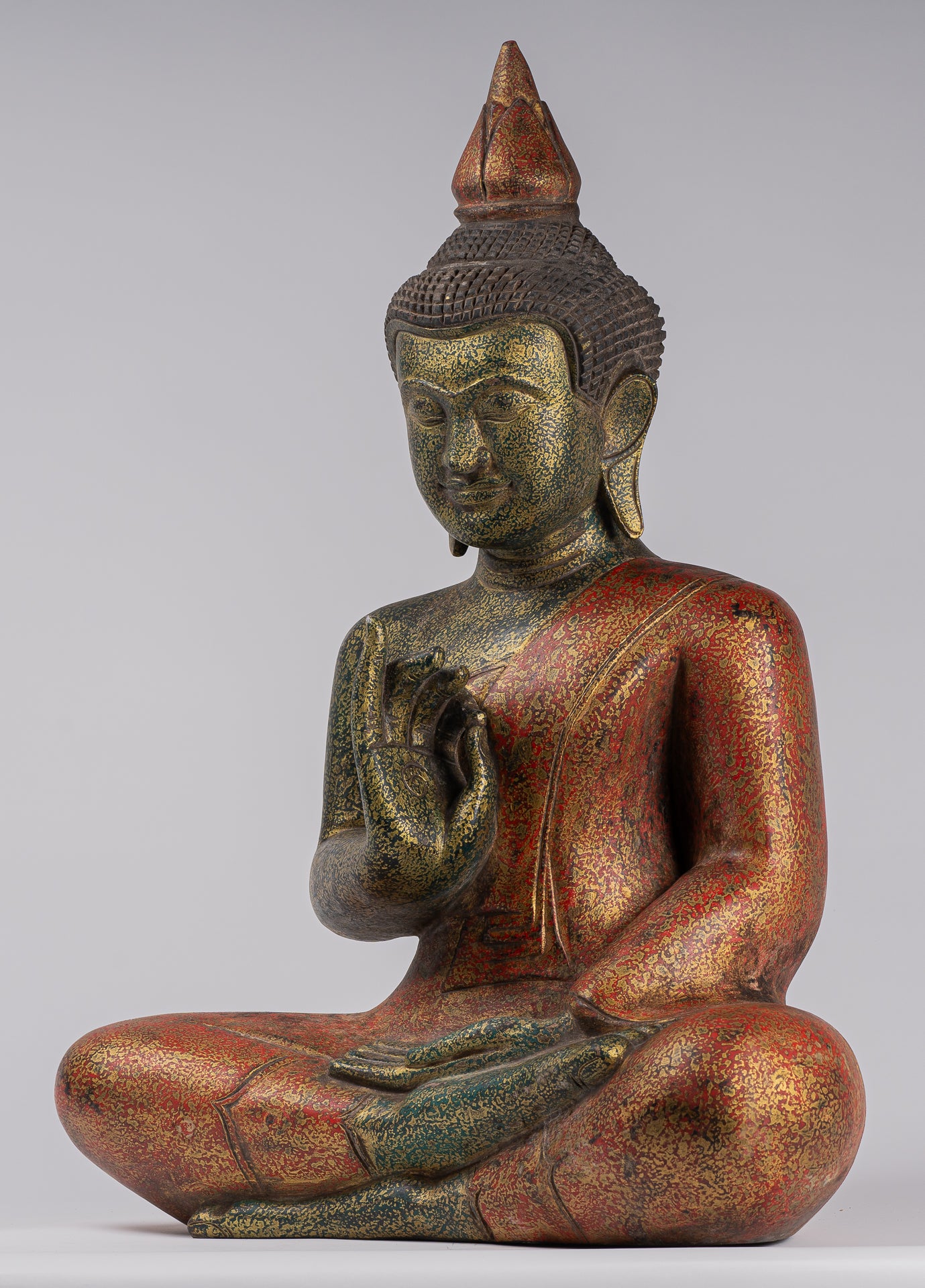 Buddha Statue - Antique Khmer Style Cambodia Seated Wood Buddha Statue Teaching Mudra - 71cm/28"