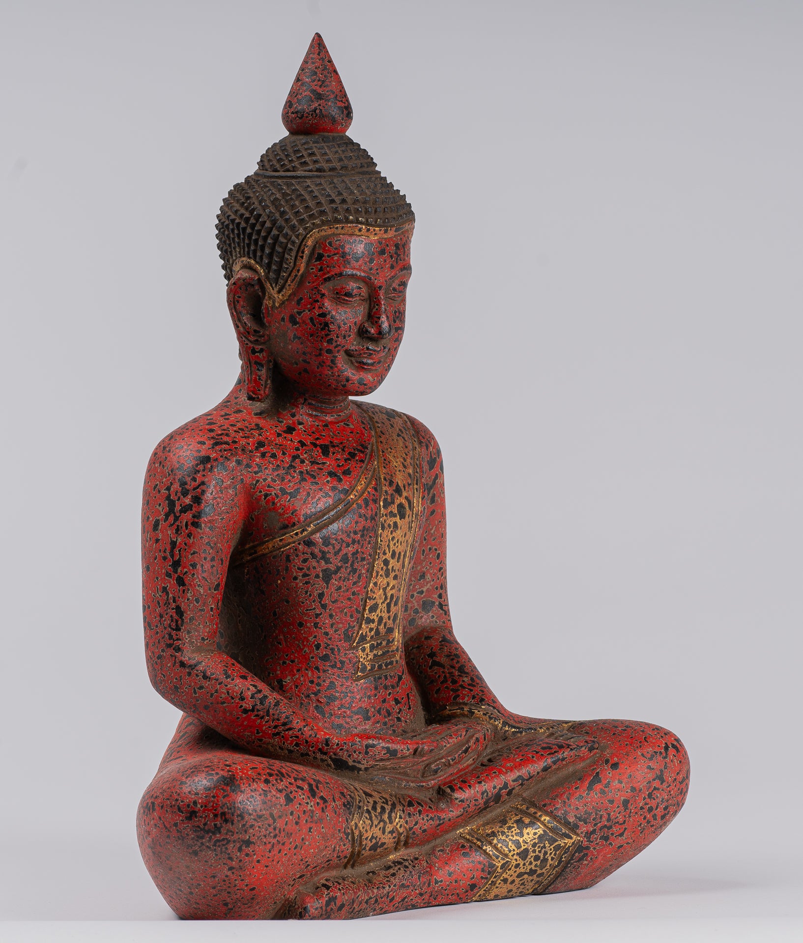 Buddha Sculpture - Antique Khmer Style Wood Seated Buddha Statue Dhyana Meditation Mudra - 34cm/14"